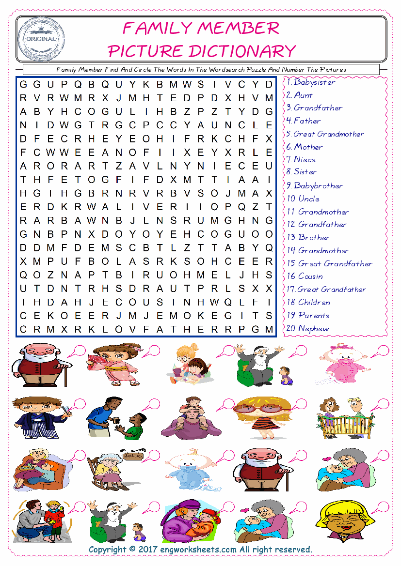  ESL wordsearch worksheets for kids, find Family Member words in the word wordsearch write its number on its picture English worksheet. 